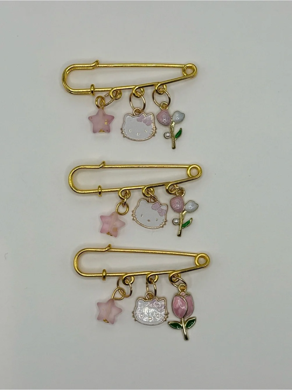 Gold Safety Pin Charm Set for Kids - Pink Star, White Cat & Pink Flower